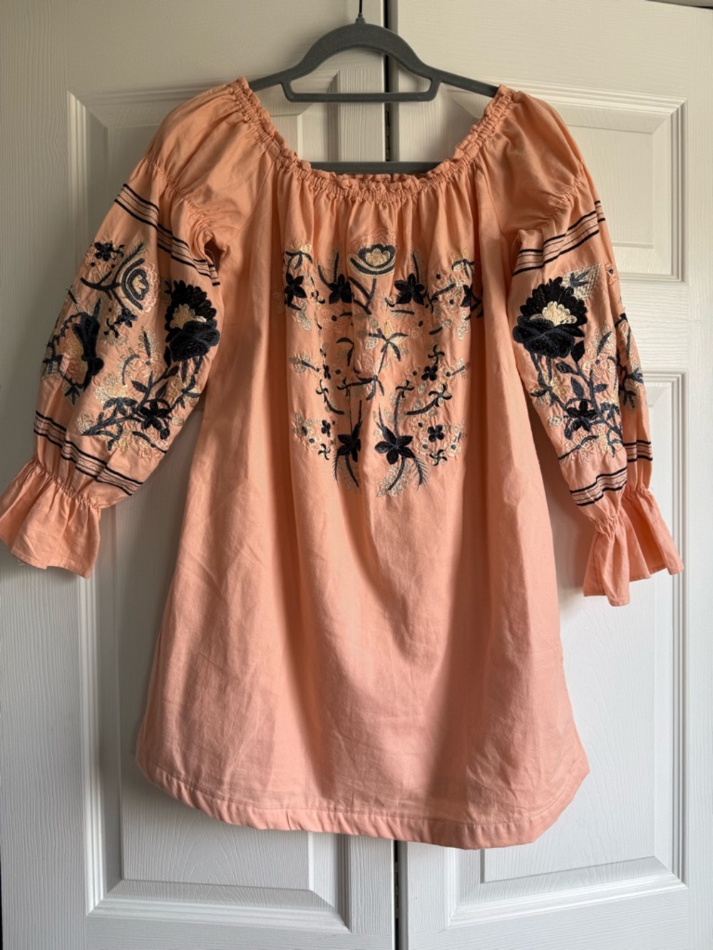 Free People Peach Floral Embroidered Ruffle On/Off-Shoulder Mini Dress